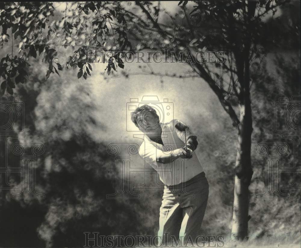 1984 Press Photo Dennis Tiziani Hits From Beneath Trees In State PGA Match Final- Historic Images