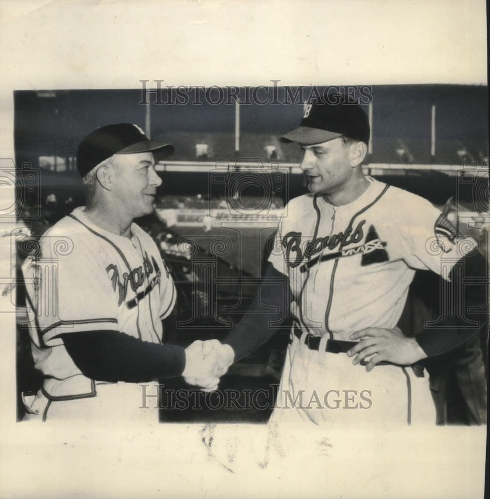 1948 Press Photo Boston Braves Marv Rickert is greeted Manager Billy Southworth.- Historic Images