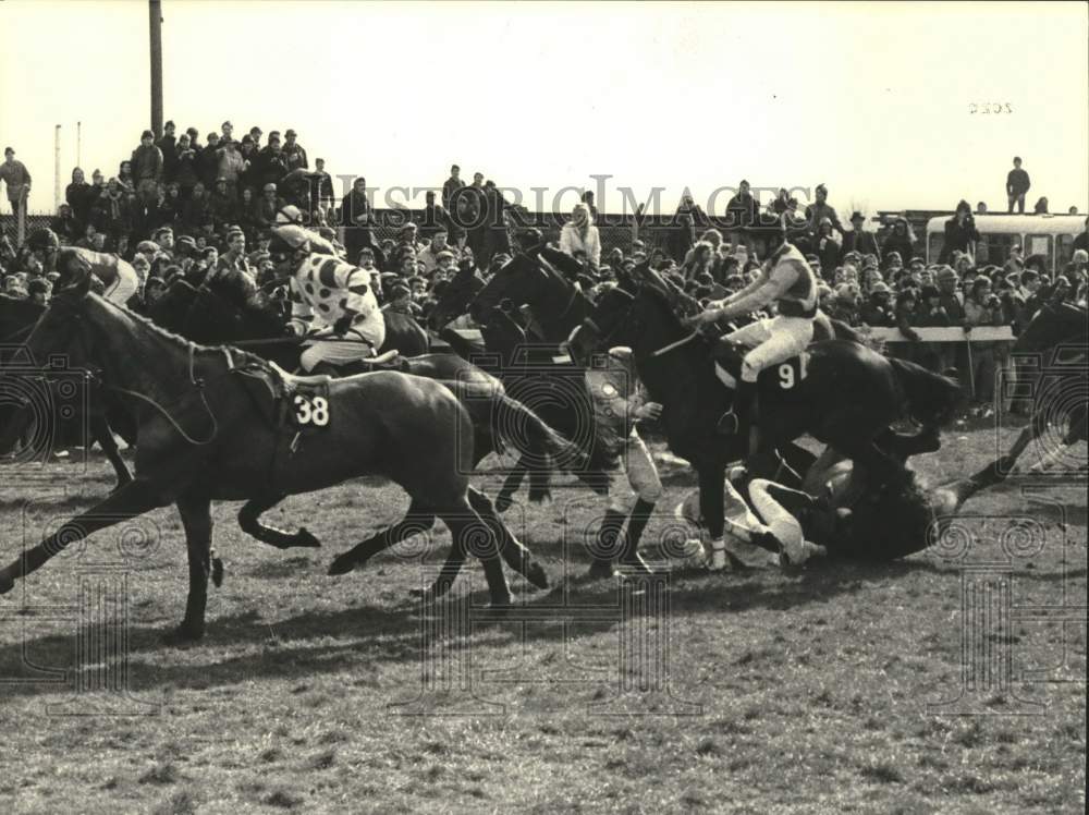 1984 Press Photo Pile up of fallen jockeys and horses at Bechers Brook.- Historic Images
