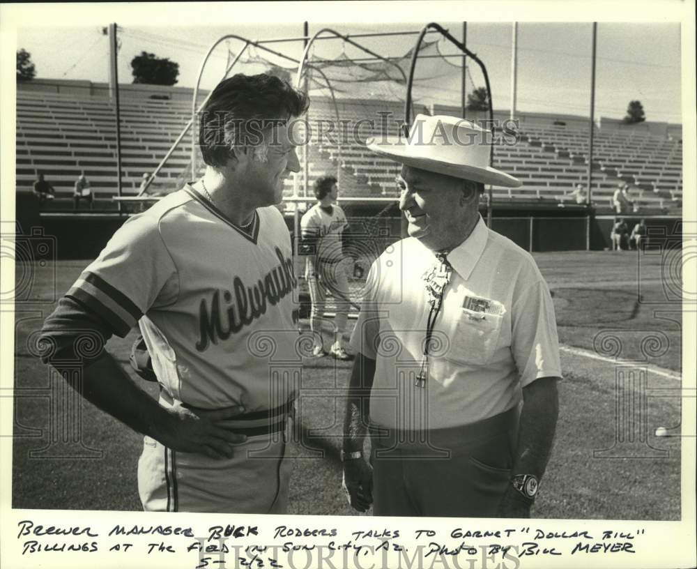 1982 Press Photo &quot;Dollar Bill&quot; Billings And Brewer Baseball Manager Buck Rodgers- Historic Images