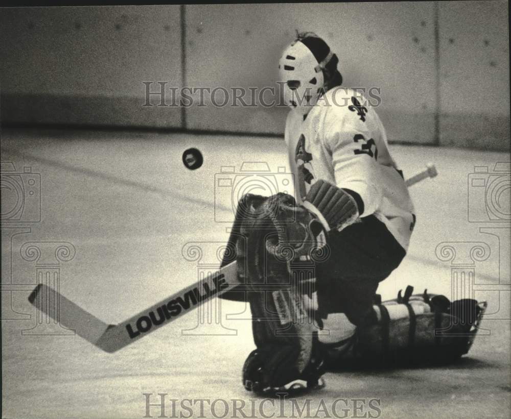 1980 Press Photo Goalie Gord Garbutt of the Admirals blocked another flying puck- Historic Images