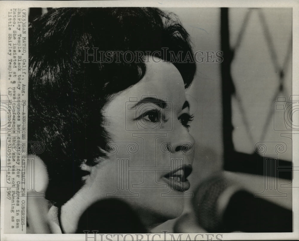 1967 Press Photo Shirley Temple Black Announce Republican Candidacy San Mateo CA- Historic Images