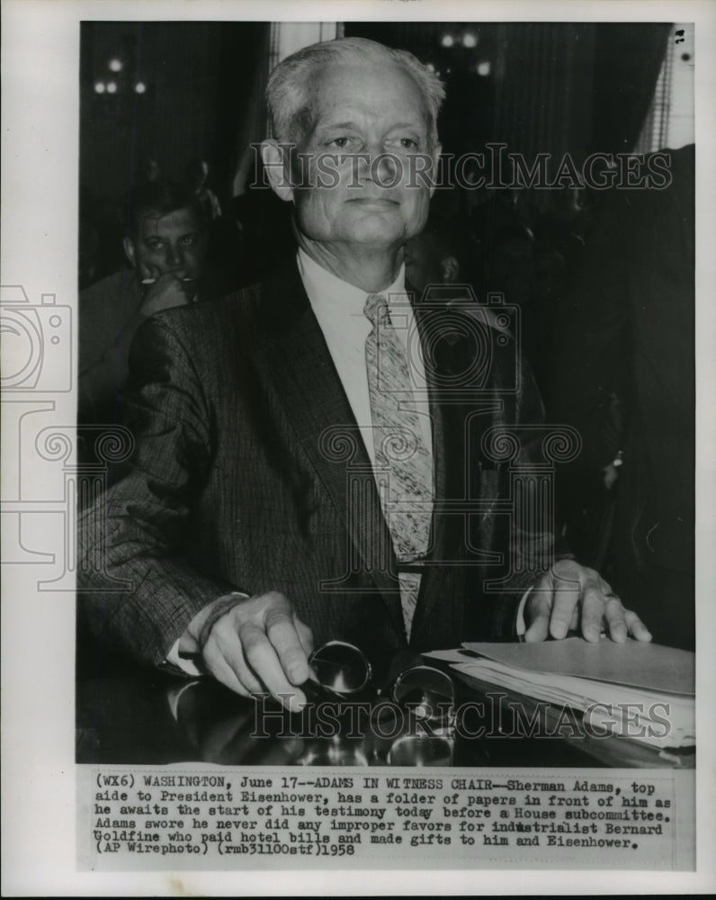 1958 Press Photo Sherman Adams gives testimony to House subcommitte, Washington- Historic Images