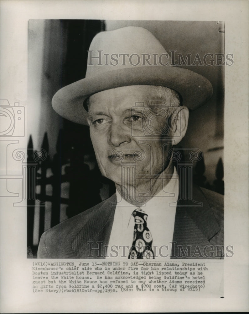 1958 Press Photo Sherman Adams, aide to President Eisenhower, leaves White House- Historic Images