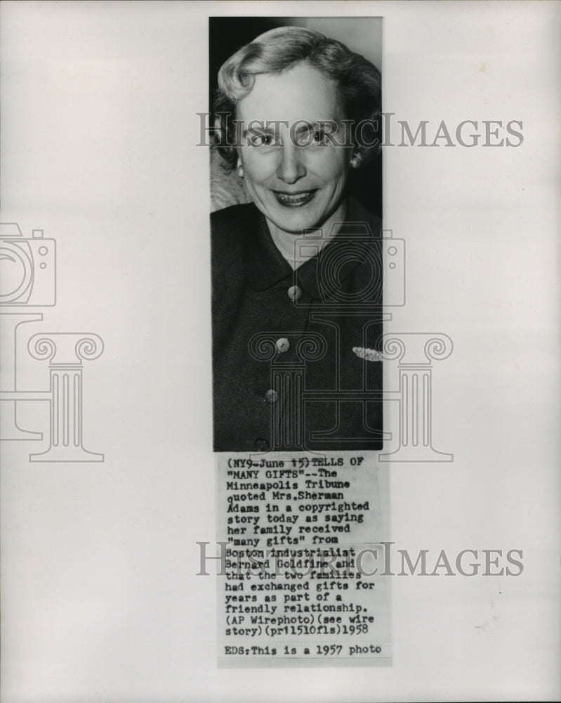 1957 Press Photo Mrs. Sherman Adam, wife of aide to President Eisenhower- Historic Images