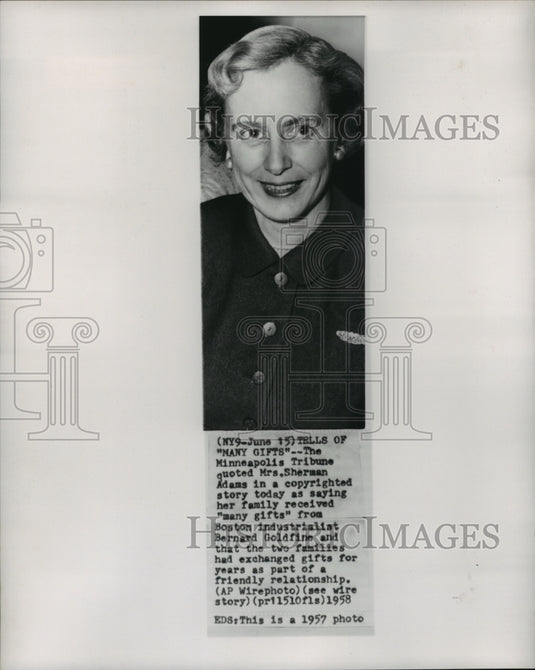 1957 Press Photo Mrs. Sherman Adam, wife of aide to President Eisenhower- Historic Images