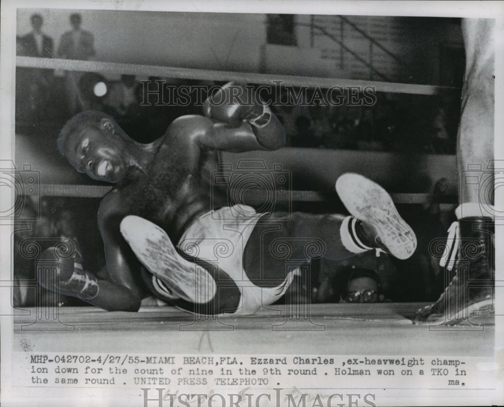 1955 Press Photo Ezzard Charles Knockdown in Ninth round, Miami Beach, FL- Historic Images