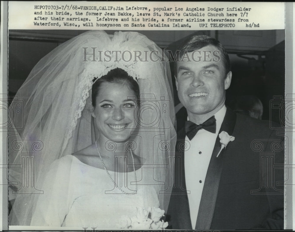 1968 Press Photo Jim Lefabvre and wife Jean Bakke at wedding in California- Historic Images