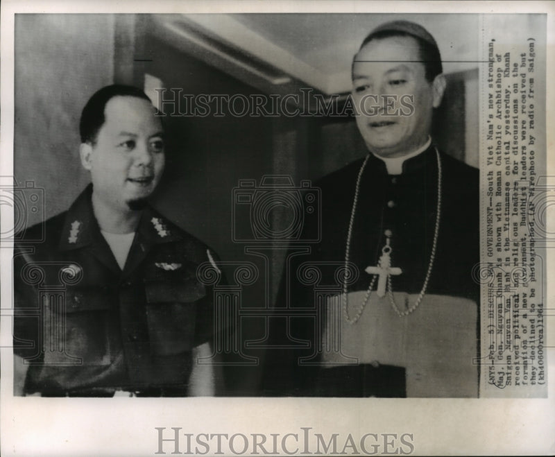Load image into Gallery viewer, 1964 Press Photo Major General Nguyen Khanh and Archbishop of Saigon
