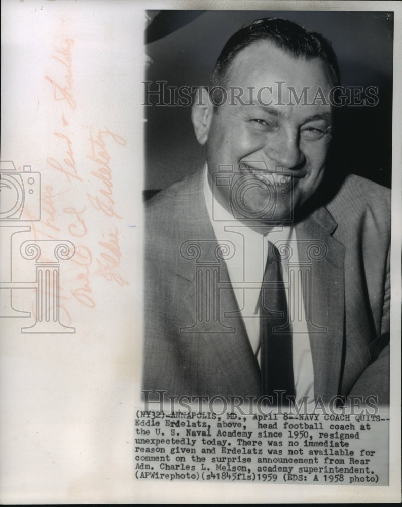 1958 Press Photo US Naval Academy Football Coach Eddie Erdelatz, Annapolis, MD- Historic Images