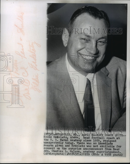 1958 Press Photo US Naval Academy Football Coach Eddie Erdelatz, Annapolis, MD- Historic Images
