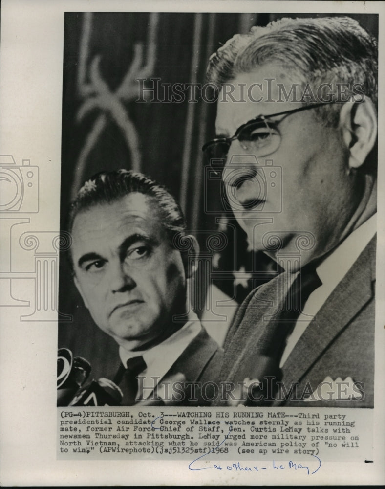 1968 Press Photo Candidates Gov George Wallace, Gen Curtis Lemay, Pittsburgh, Pa- Historic Images