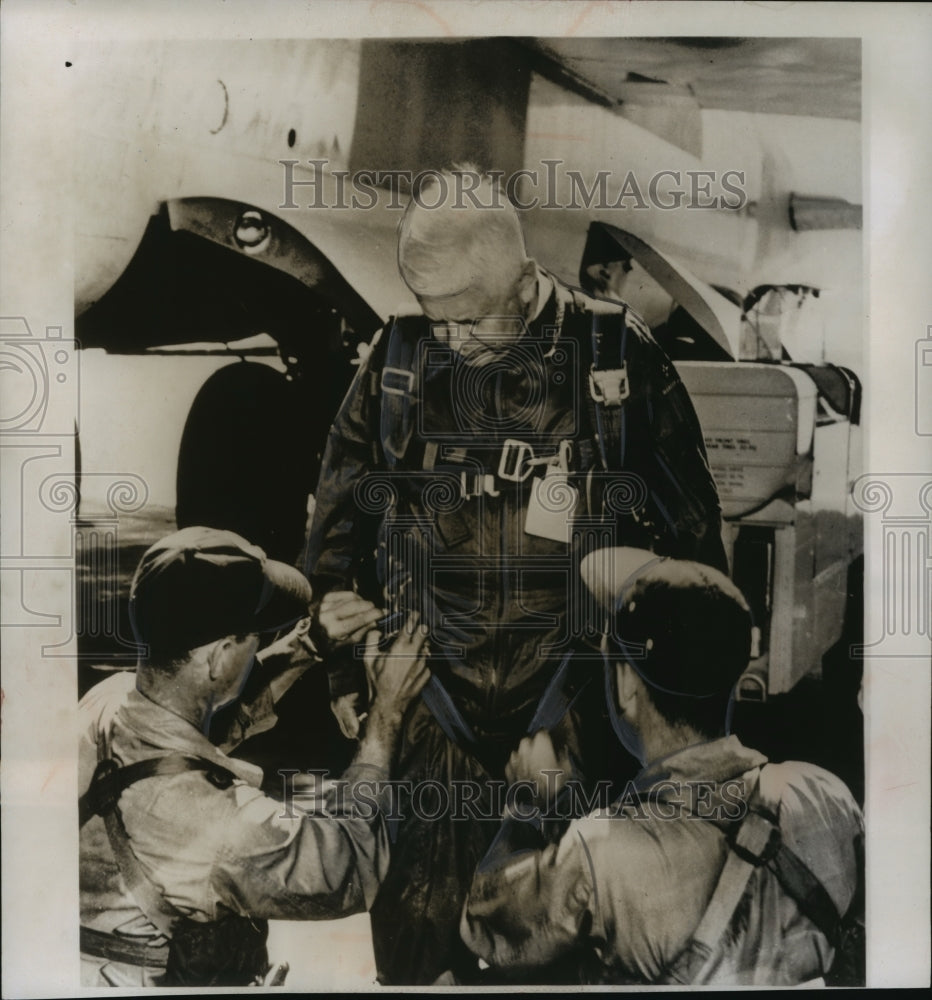 1956 Press Photo Defense Secretary Charles Wilson strapped in a parachute, HI