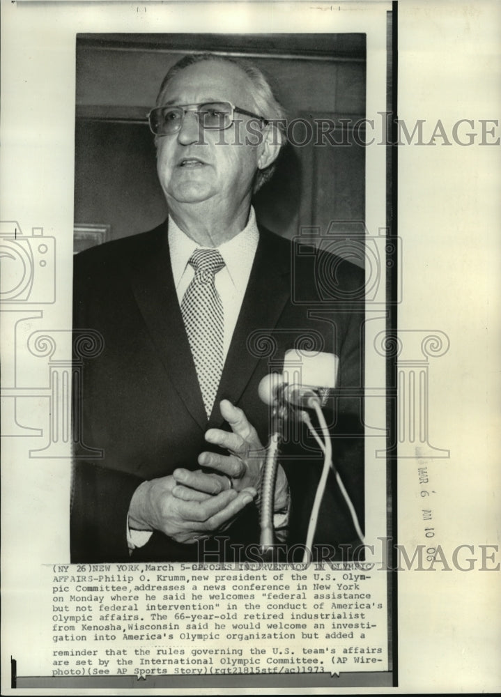 1973 Press Photo Philip O. Krumm, president of United State Olympic Committee- Historic Images