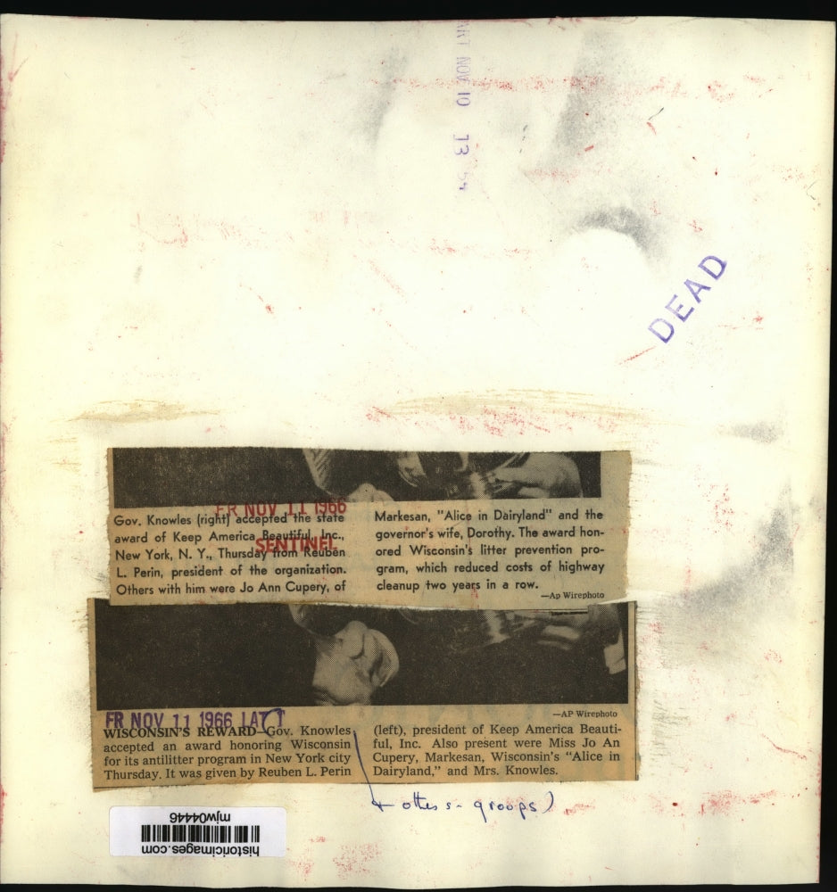 1966 Press Photo WI Gov. Knowles receives "Keep America Beautiful" award in NY.