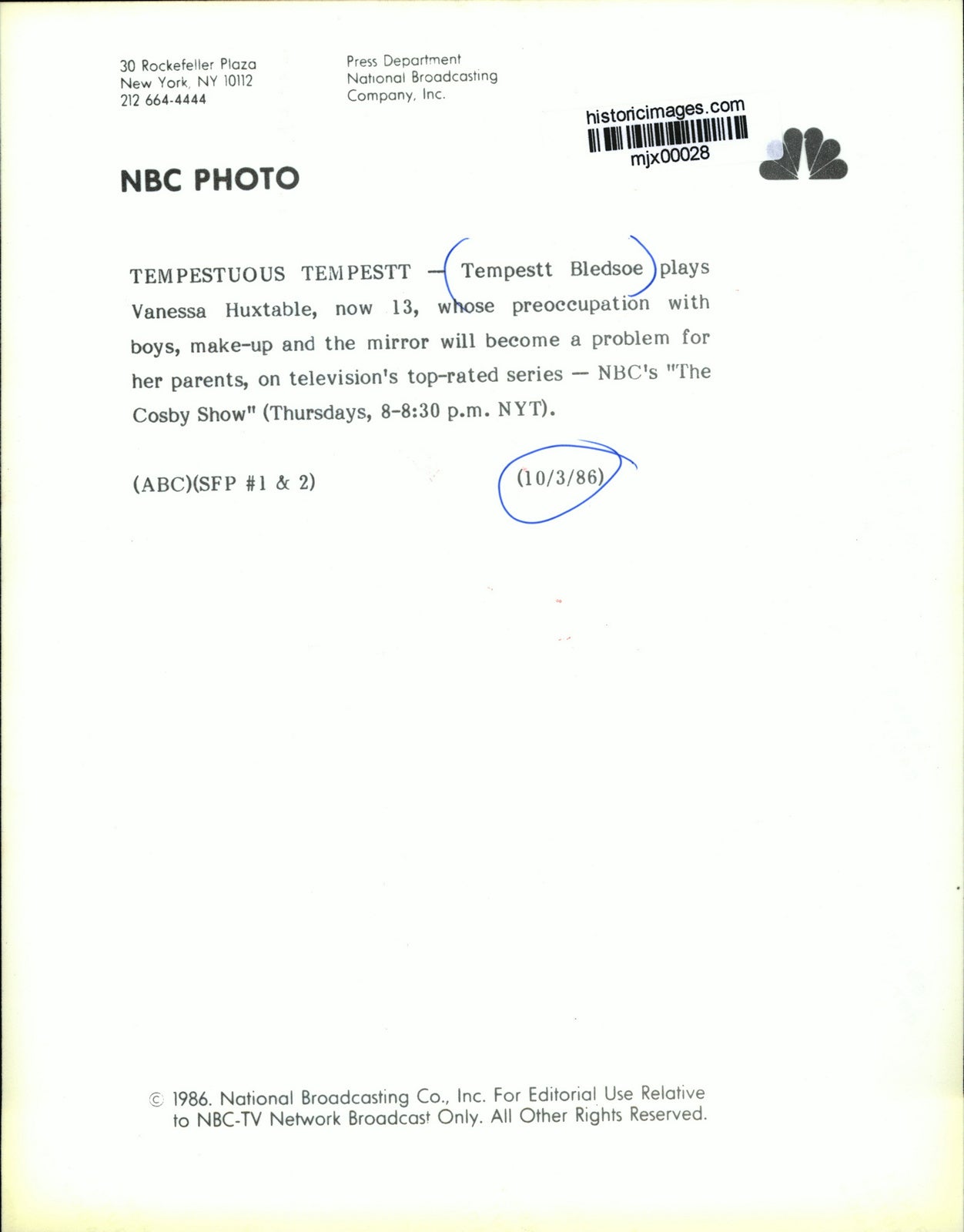 1986 Press Photo Tempsett Bledsoe as Vanessa Huxtable at The Cosby Show