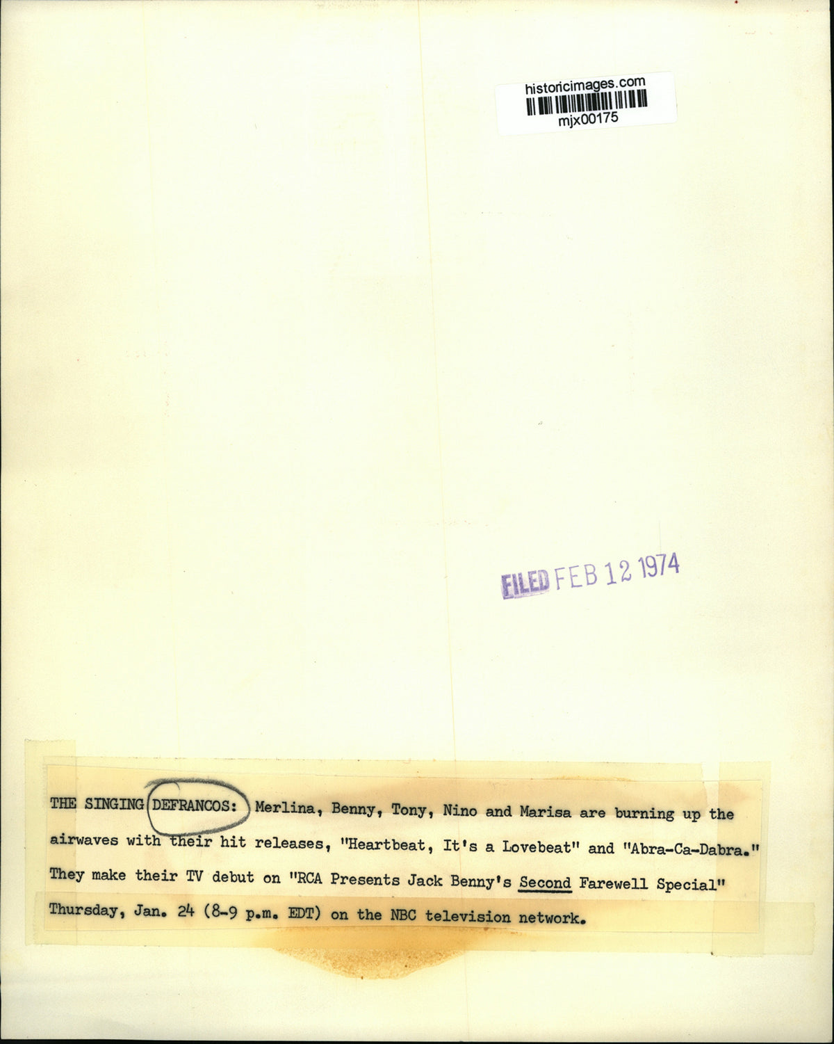 1974 Press Photo Singing Defrancos on RCA Presents Jack Benny's Second Special