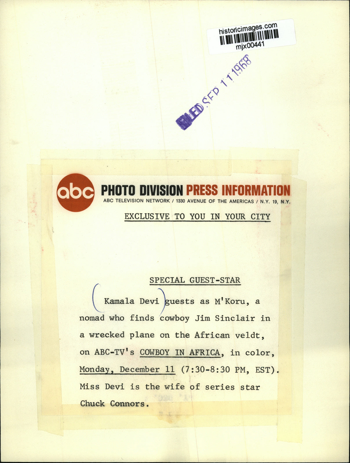 1968 Press Photo Kamala Devi guests as M'Koru on ABC-TV's Cowboy in Africa