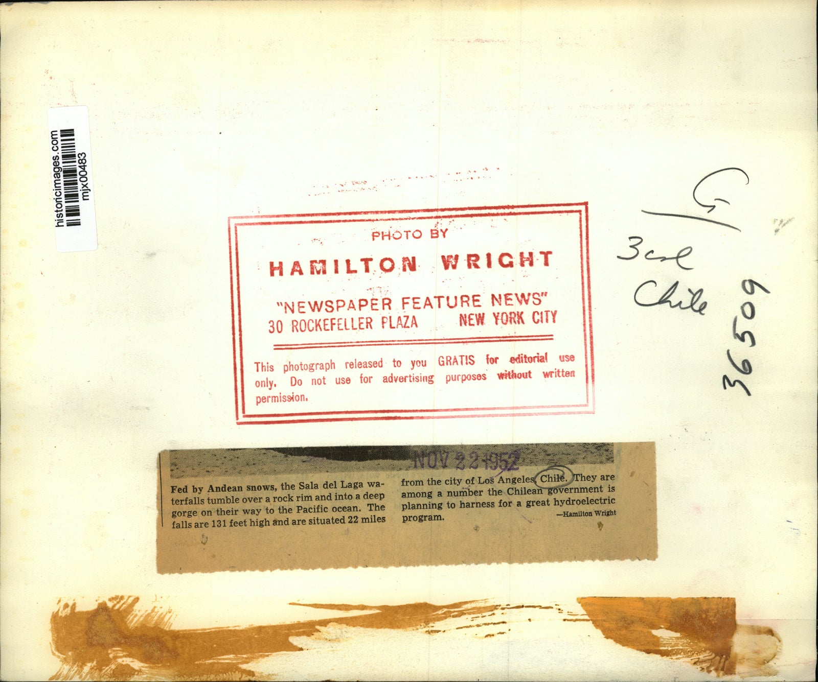 1952 Press Photo Sala del Laga waterfalls in Chile on their way to Pacific Ocean