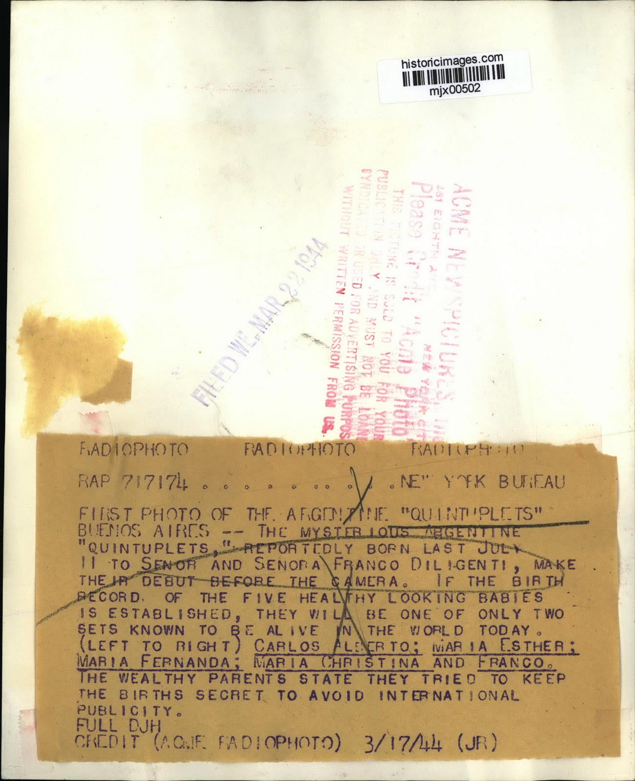 1944 Press Photo Carlos Alberto, Maria Esther, Maria Fernanda, Maria Christina