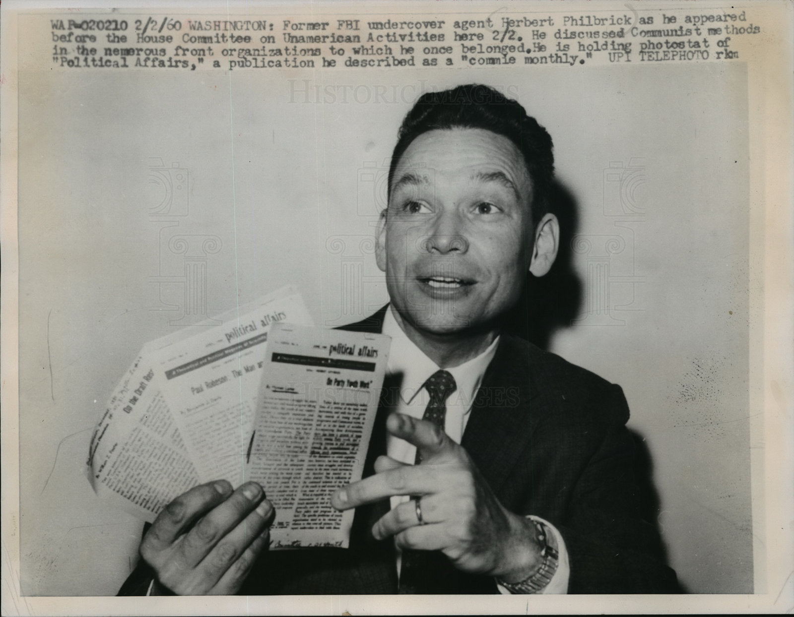 1960 Press Photo Ex-FBI agent Herbert Philbrick with Political Affaits photostat