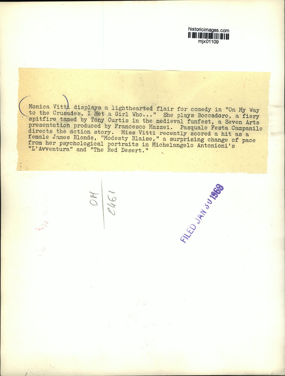 1969 Press Photo Monica Vitti in On My Way to the Crusade, I Met A Girl Who...