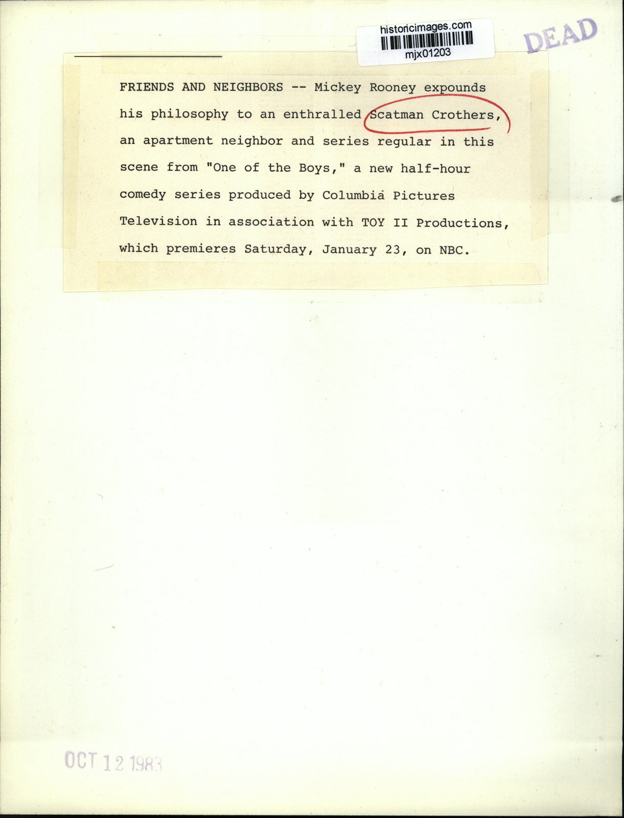 1983 Press Photo Mickey Rooney & Scatman Crothers in scene from One of the Boys