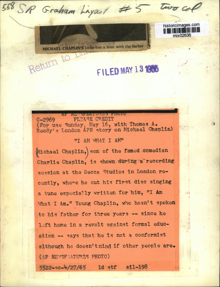 1965 Press Photo Michael Chaplin, son of the famed comedian Charlie Chaplin