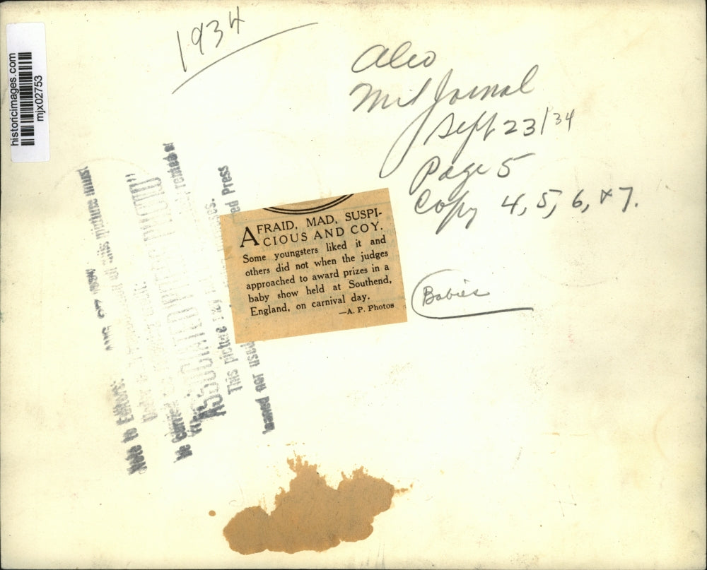 1934 Press Photo Babies in a baby show during carnival day at Southend, England