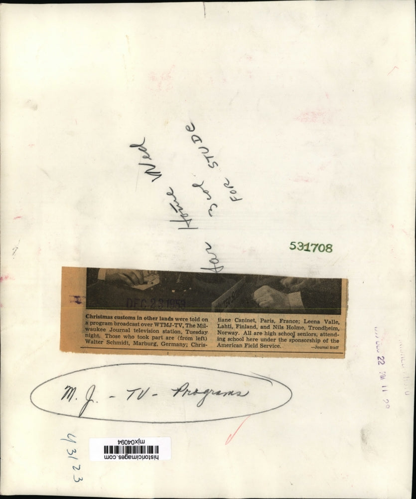 1953 Press Photo W. Schmidt, C. Caninet, L. Valle and N. Holme at WTMJ-TV