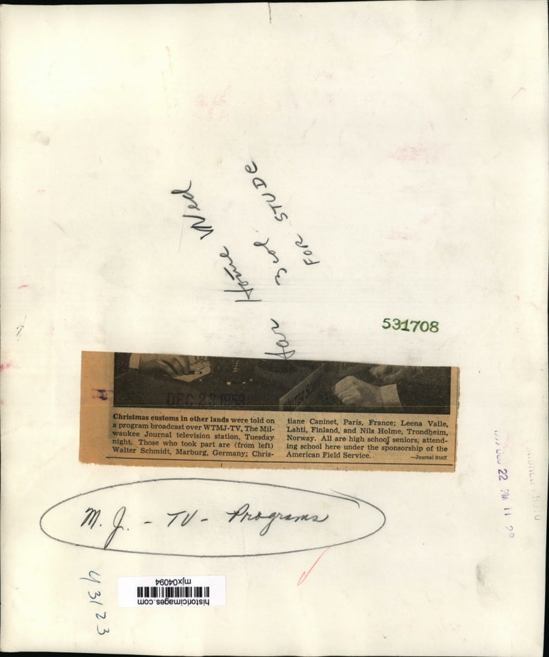 Load image into Gallery viewer, 1953 Press Photo W. Schmidt, C. Caninet, L. Valle and N. Holme at WTMJ-TV
