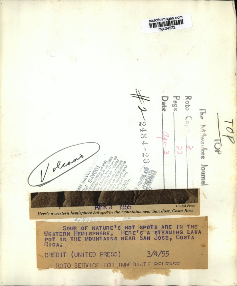 1955 Press Photo Volcano near San Jose, Costa Rica - mjx04922