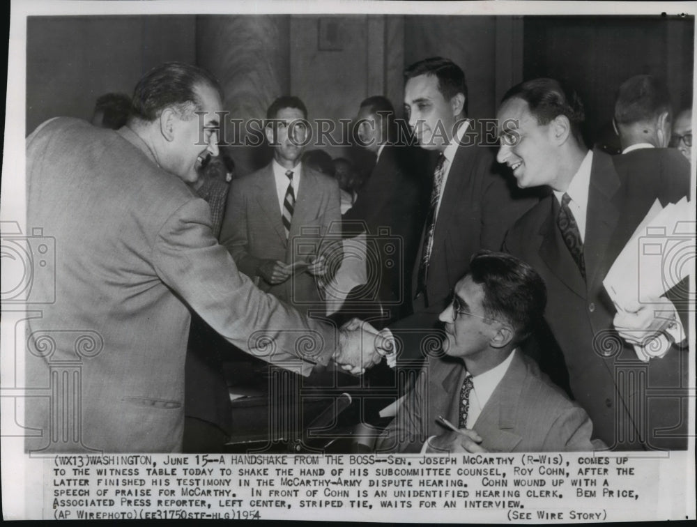 1954 Press Photo Joseph McCarthy,Roy Cohn Shookhands after McCarthy-Army Hearing- Historic Images