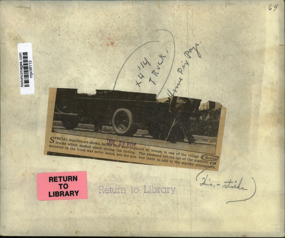 1934 Press Photo Special deputies on Top of Kohler Trucks To Help During Rioting
