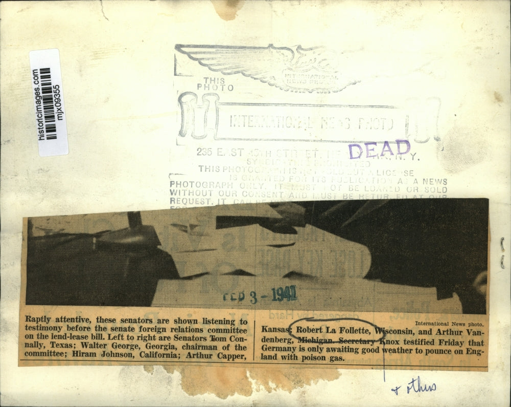1941 Press PhotoSenator in senate foreign relations committee on lend-lease bill