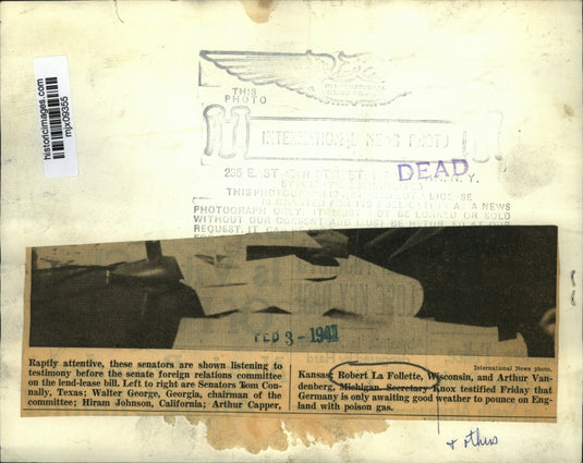 1941 Press PhotoSenator in senate foreign relations committee on lend-lease bill