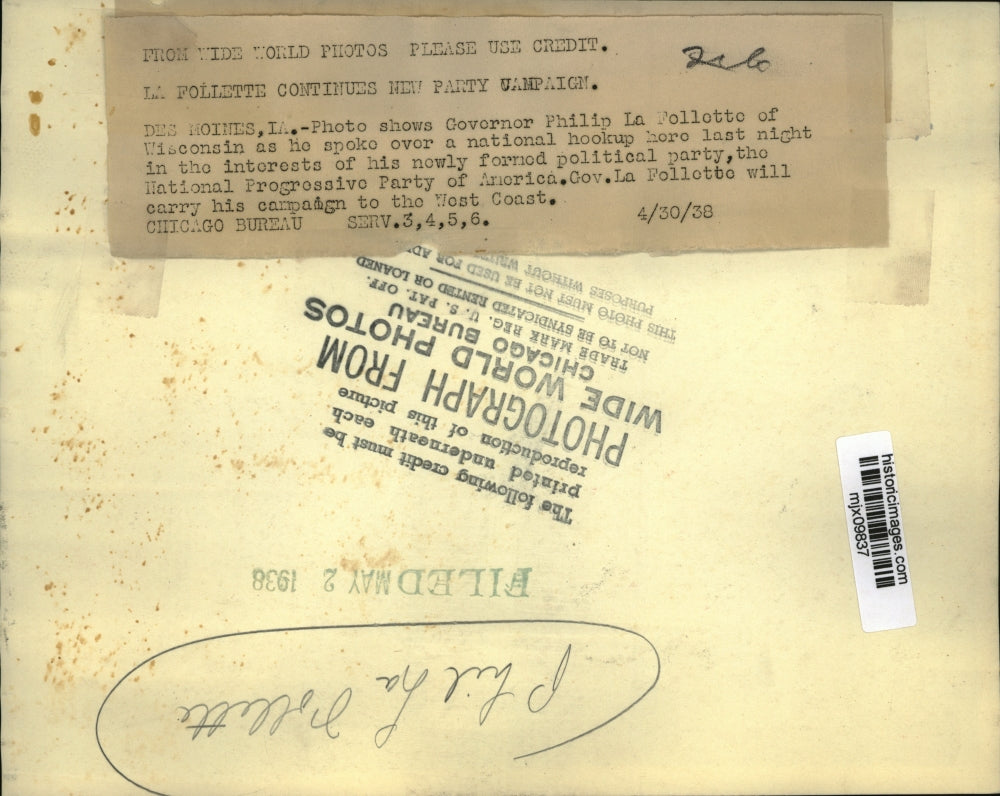 1938 Press Photo Governor Philip La Follette of Wisconsin Speaks Nationally