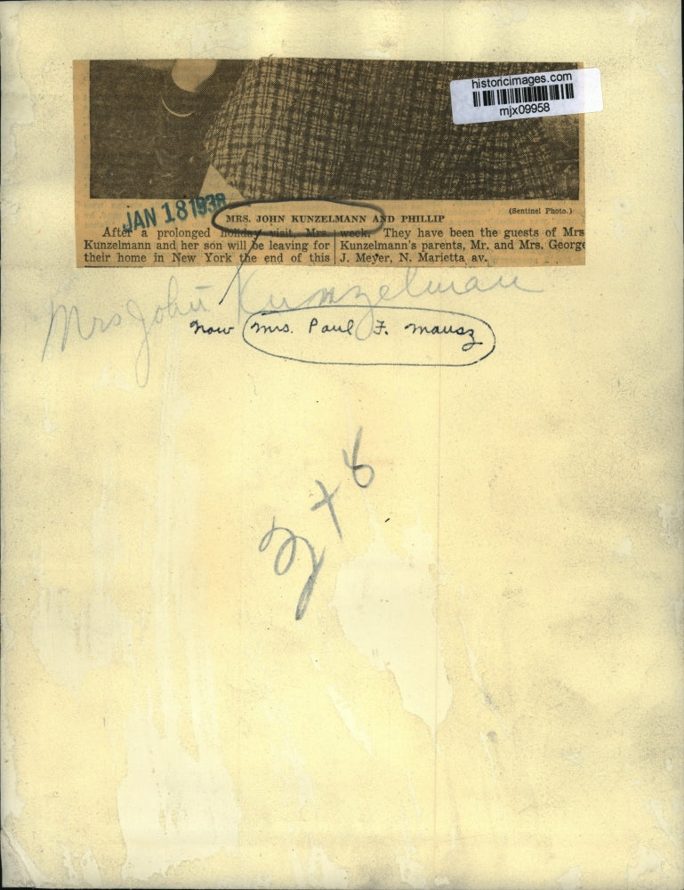 1938 Press Photo Mrs. Kunzelmann and her son to go home to New York this week