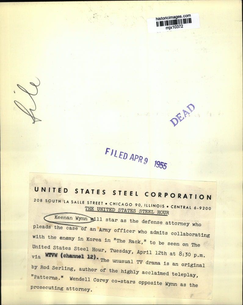 1955 Press Photo Keenan Wynn Stars in The Rack on the United States Steel Hour