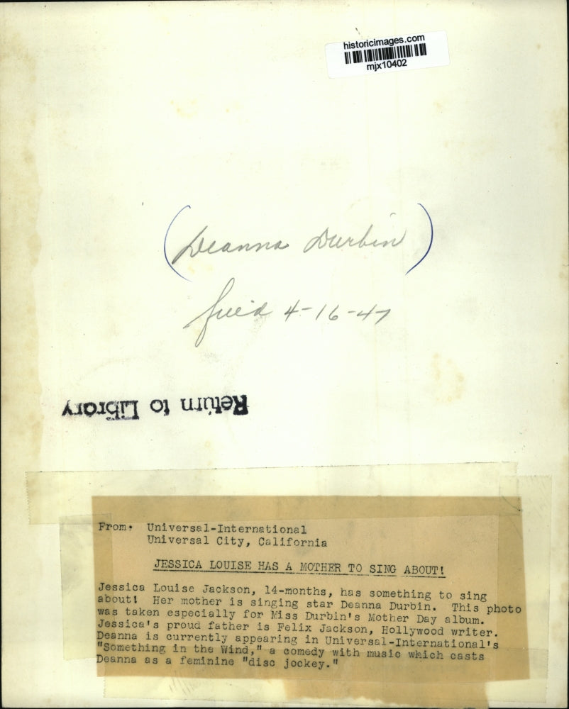 1947 Press Photo Jessica Louise Jackson with singing star mother Deanna Durbin