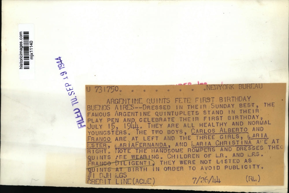 1944 Press Photo Famous Argentine quintuplets celebrate their first birthday