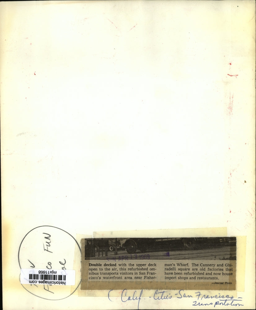 1969 Press Photo Refurbished omnibus in San Francisco's waterfront area