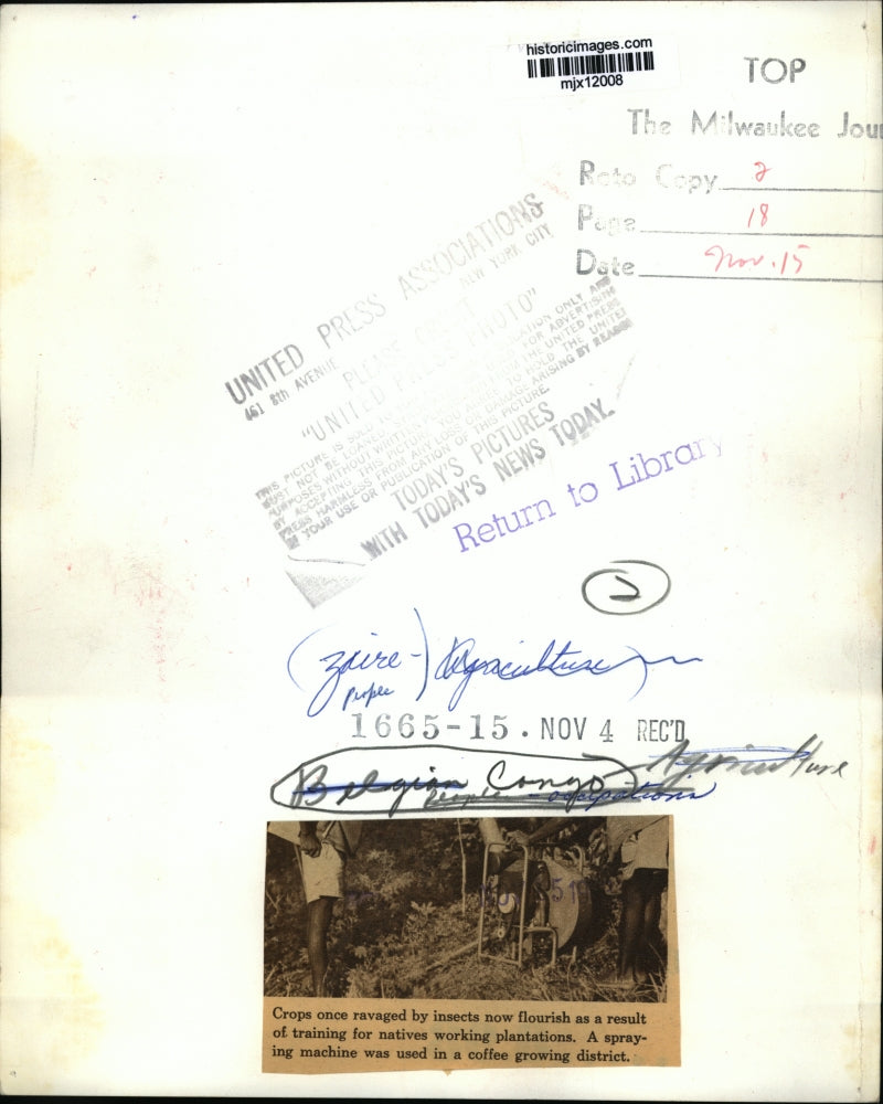 Press Photo Man Sprays Crops in Belgian Congo - mjx12008