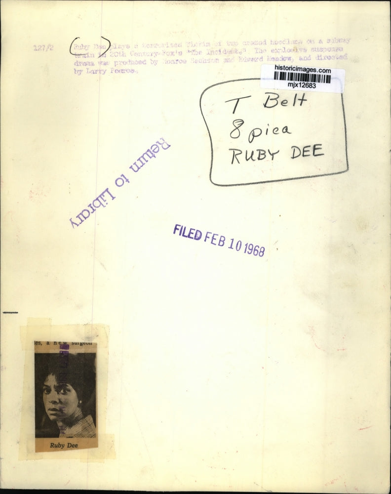 1968 Press Photo Ruby Dee plays in 20th Century-Fox's "The Incident" - mjx12683