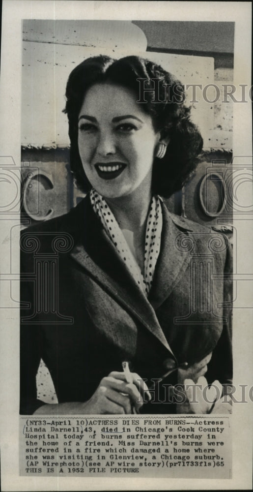 1952 Press Photo Actress Linda Darnell, died at the age of 43 due to fire burns