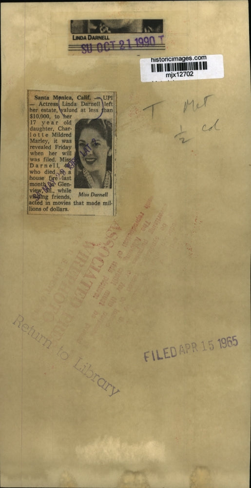 1952 Press Photo Actress Linda Darnell, died at the age of 43 due to fire burns