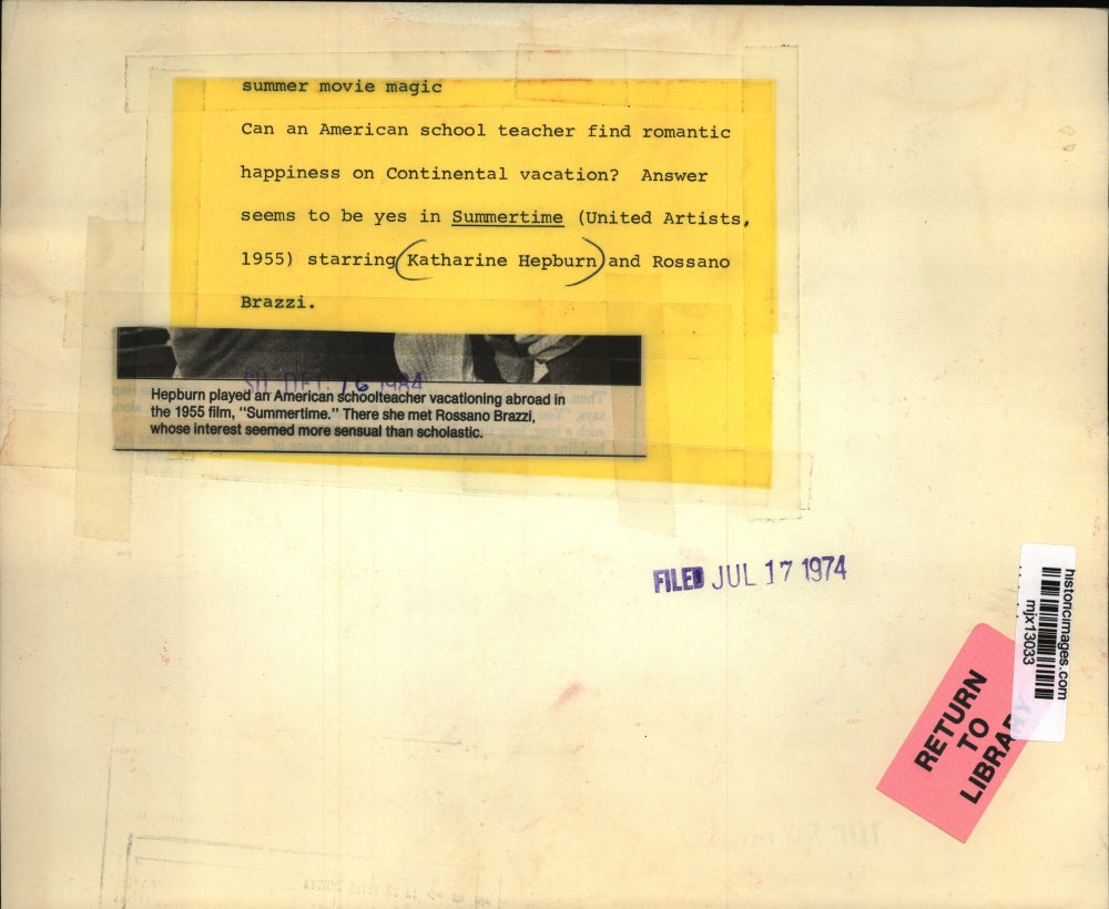 1974 Press Photo Katharine Hepburn, as an American schoolteacher in "Summertime"