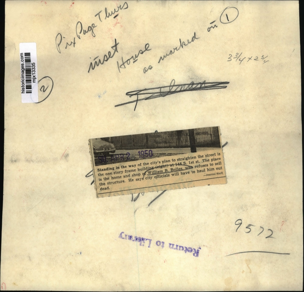 1950 Press Photo William B Boles, home and shop standing in the way of city plan