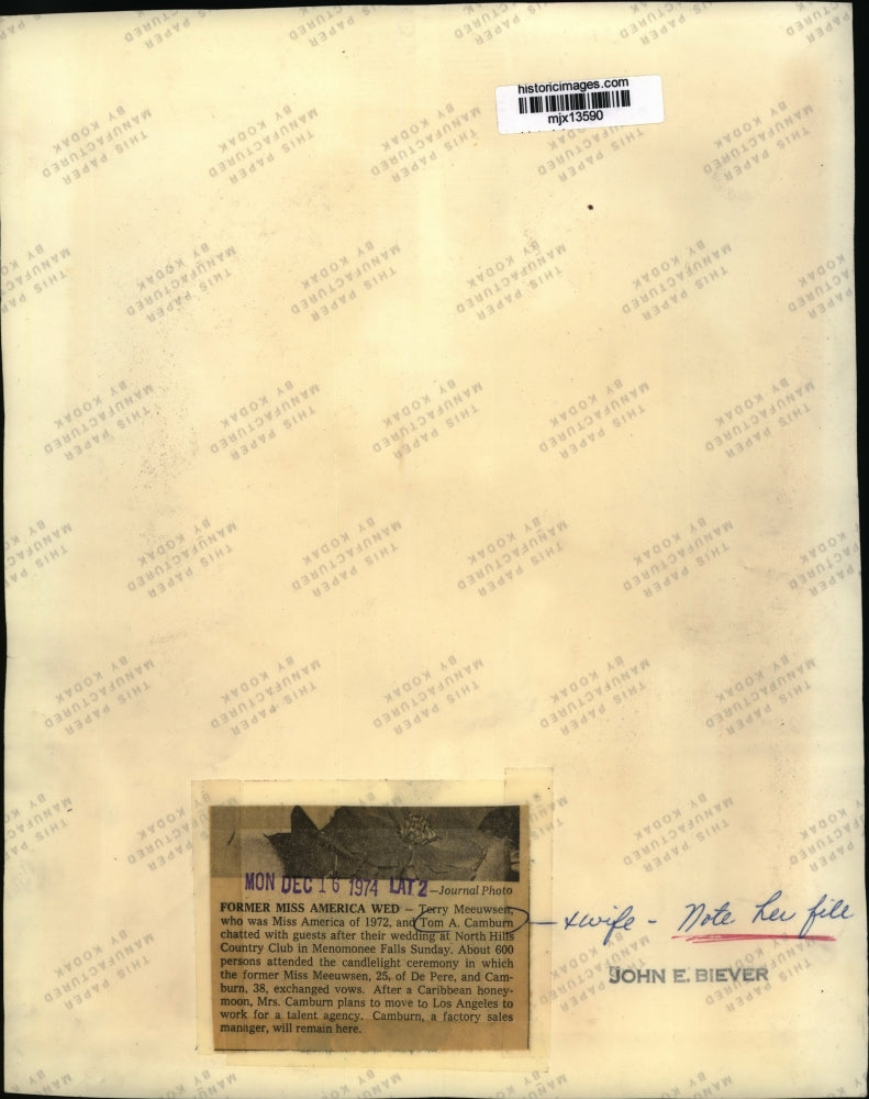 1972 Press Photo Terry Meeuwsen and Tom A. Camburn married in Menomonee Falls.