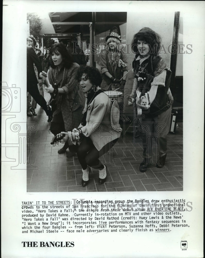 1987 Press Photo The Bangles films promotional video &quot;Hero Takes a Fall&quot; in S.F.- Historic Images